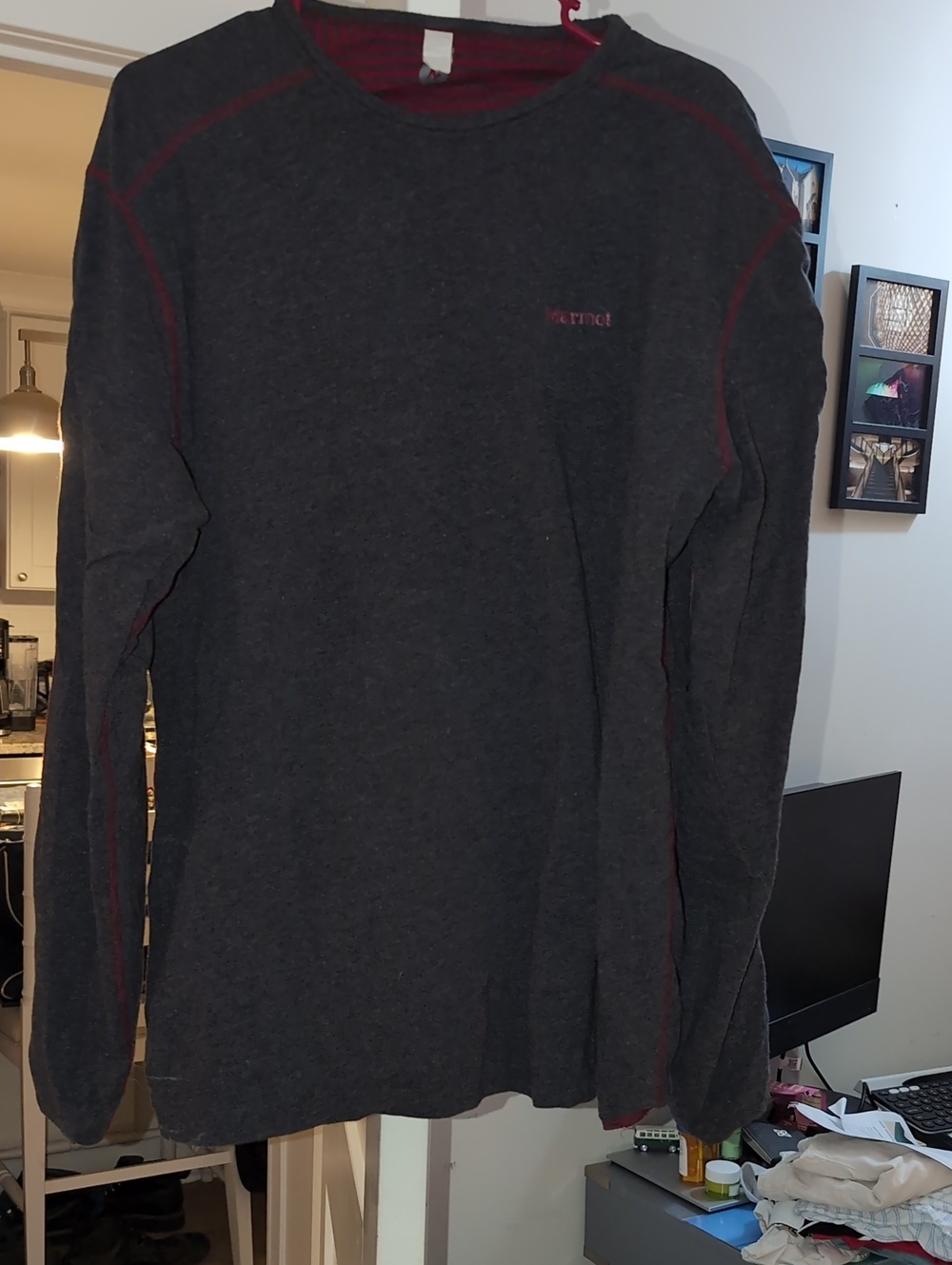 Marmot Dark Gray Long Sleeve Crew with Red Accent Stitching